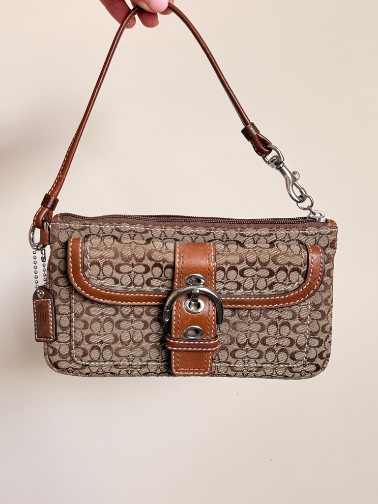 Coach Soho Brown Signature Canvas Wristlet With Tan Leather Trim